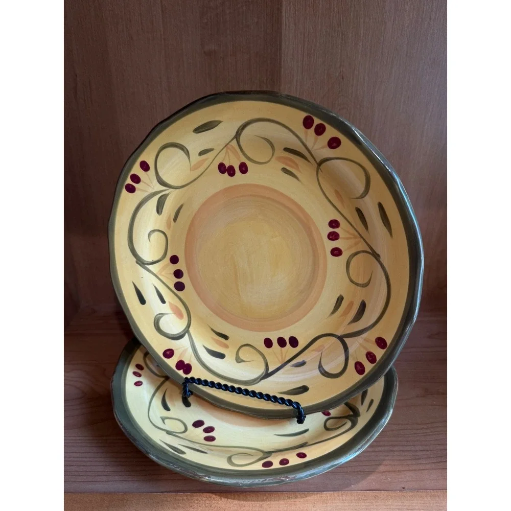 Home Trends Baja Salad Plates Set of 2 Yellow Berry Vine Hand Painted Stoneware